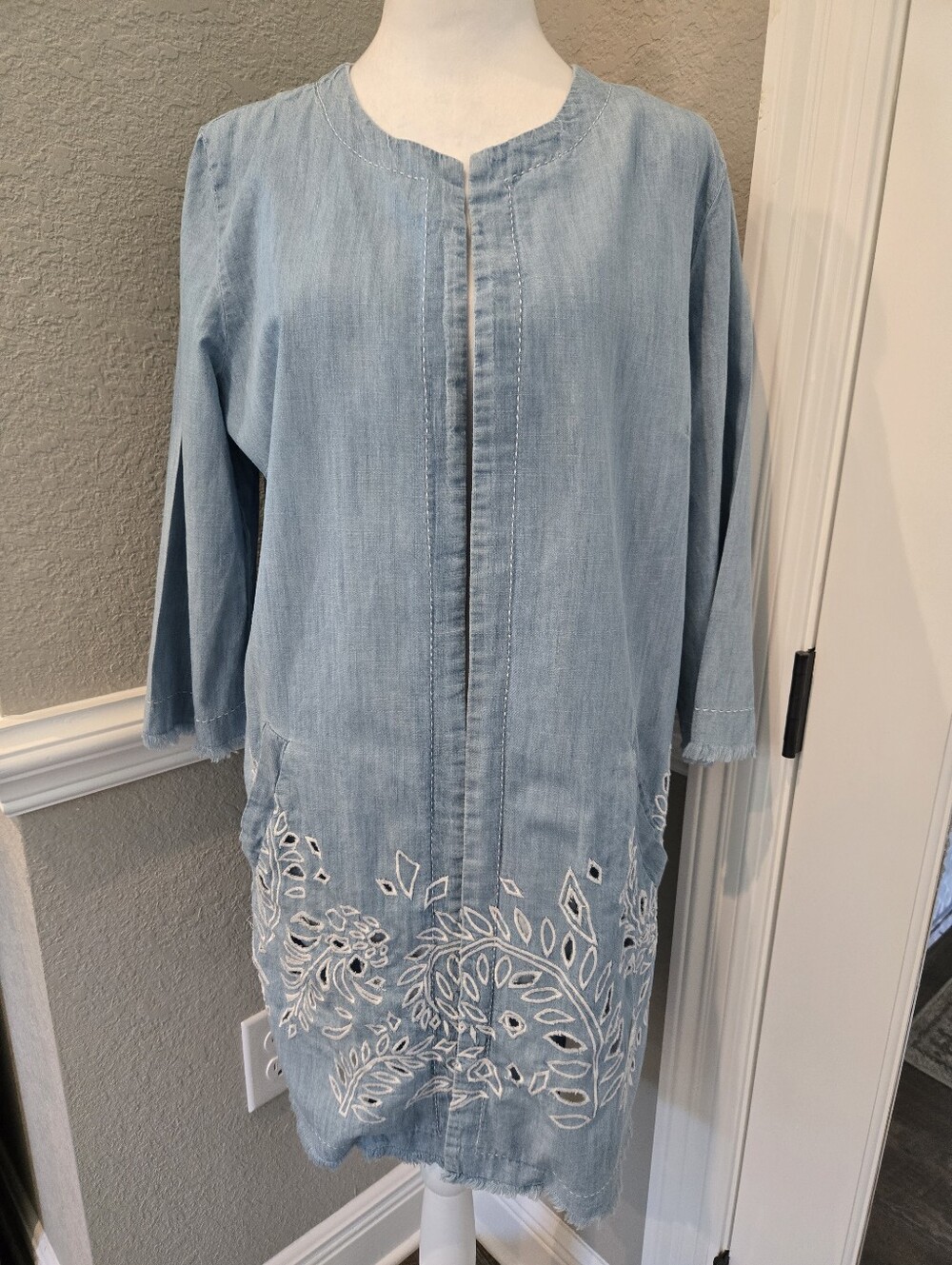 Chico's eyelet long chambray jacket, size 1